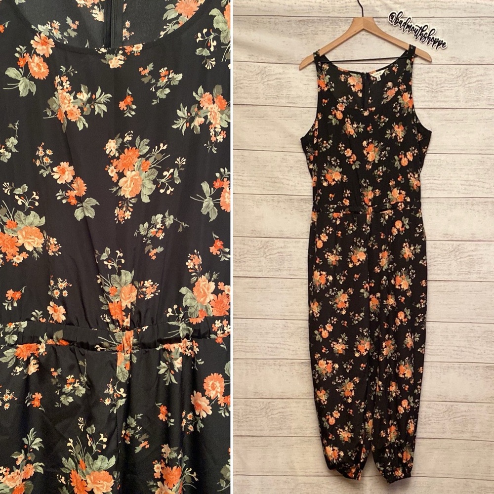 *Jaime Vintage Inspired Floral Tank Top Jogger Bottom Jumpsuit Plus 1X
